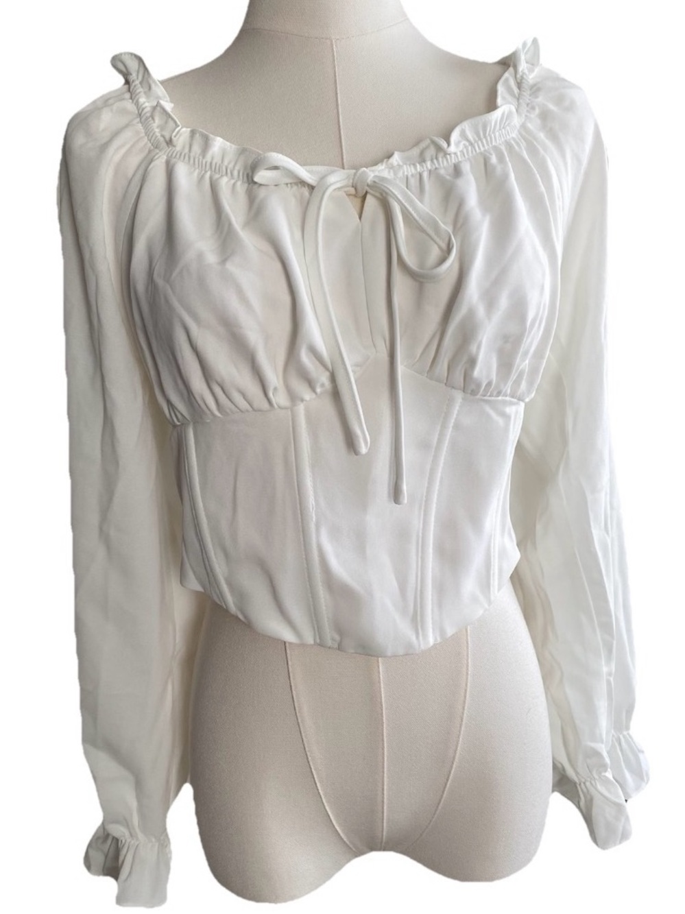 White Corset Crop Top Medium Long Sleeve Cottagecore Victorian Milkmaid Festival